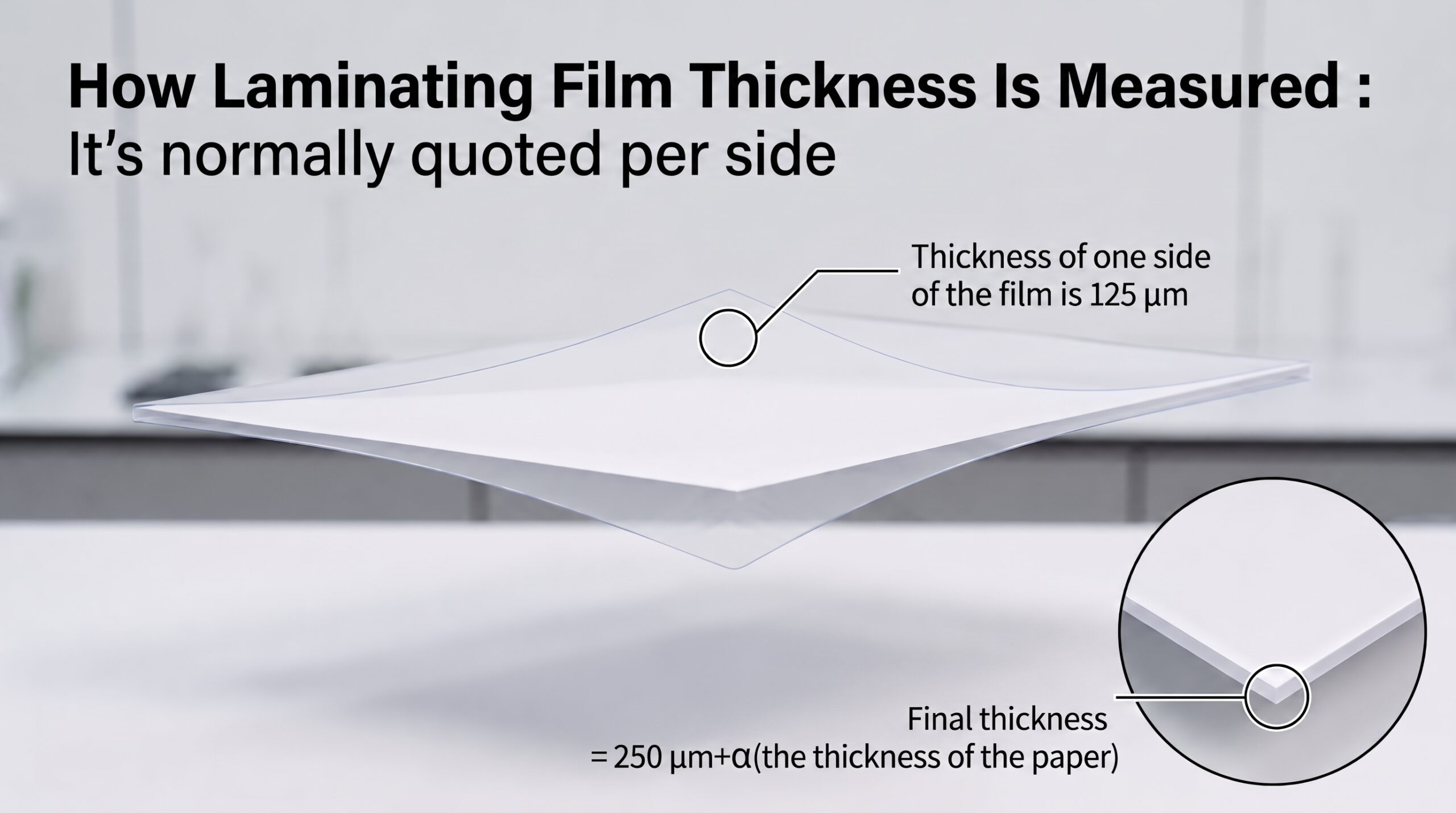 Showing the thickness of a single layer of film and the final laminated paper. The total thickness is the sum of the paper and both layers of film.
